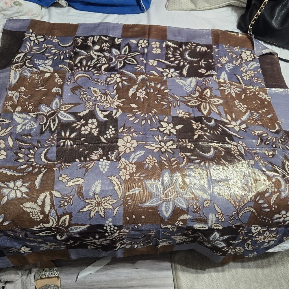 Vintage XL Oscar De La Renta Square Scarf Floral Brown And Blue Metallic